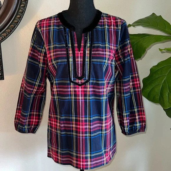 TALBOTS Petite Women’s Split-Neck Tunic Blouse Top Red Cabin Plaid Velvet - Picture 3 of 14